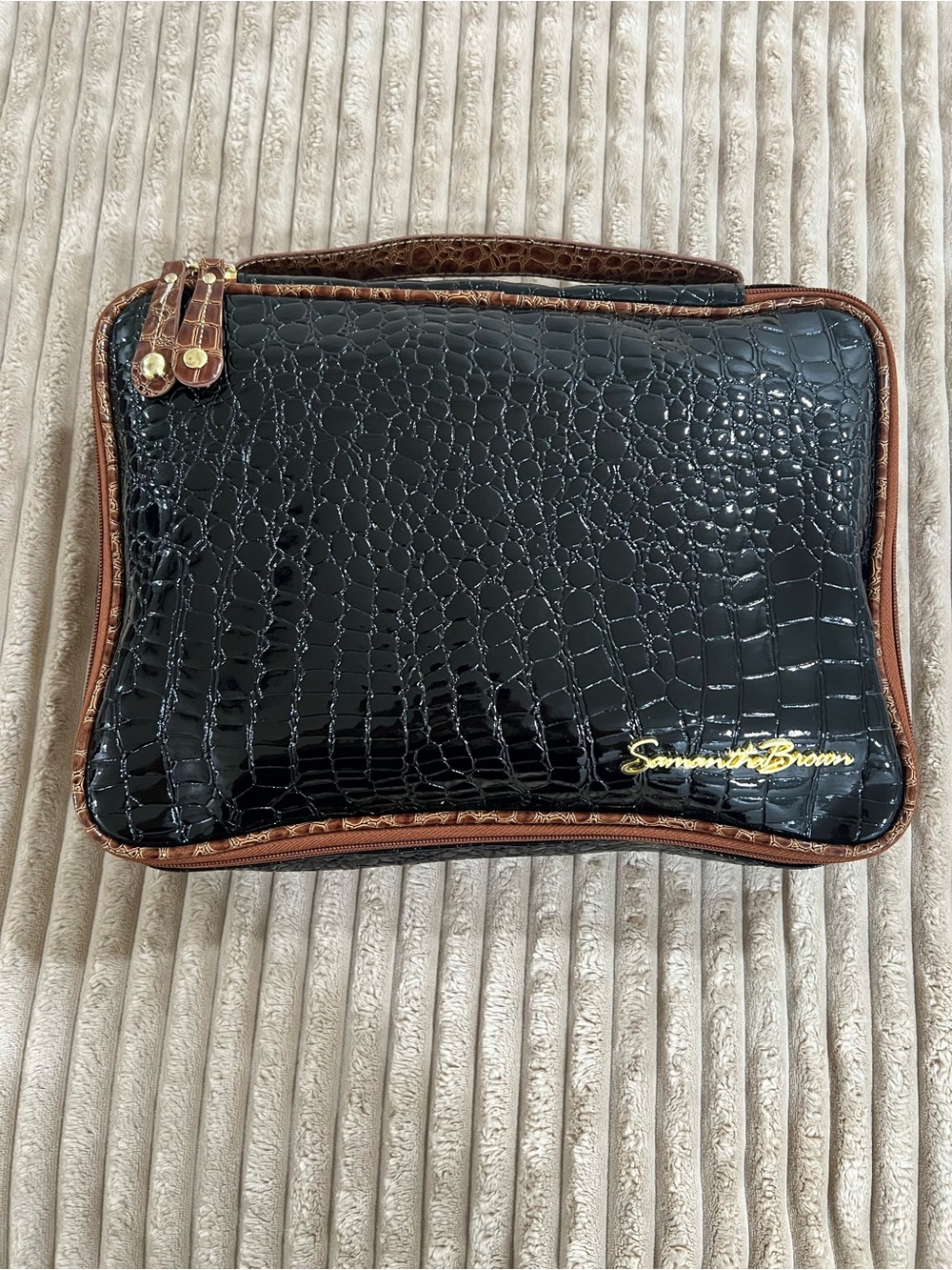 Samantha Brown Faux Croc Cosmetic Travel Bag Organizer Case Black/Brown